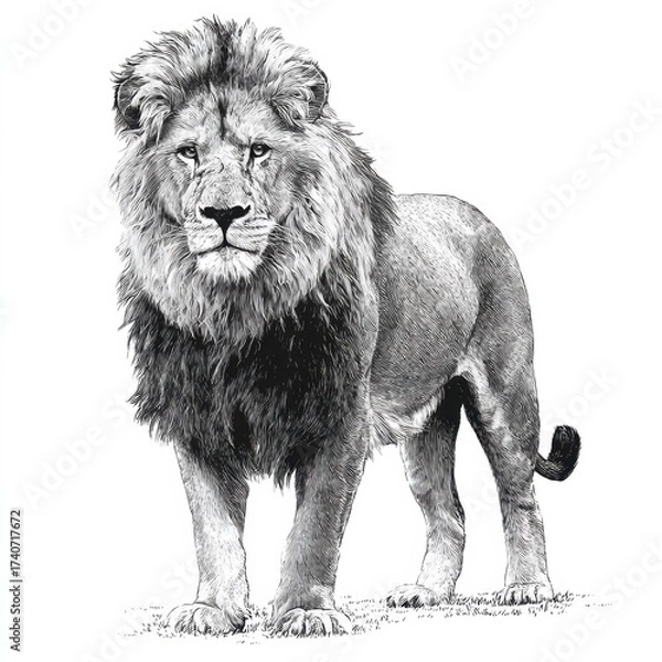 Obraz A detailed black-and-white illustration of a lion standing majestically, showcasing its powerful presence and distinctive mane.