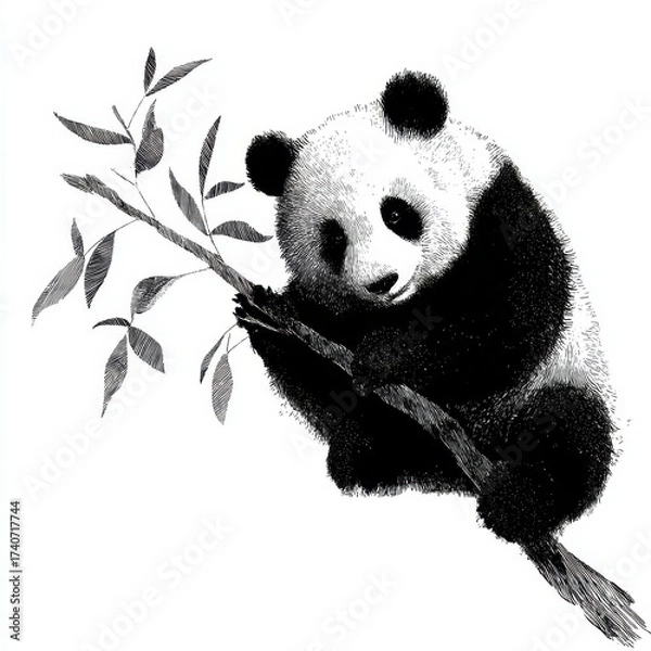 Obraz A black and white illustration of a panda bear clinging to a tree branch, surrounded by leaves, showcasing its playful demeanor.