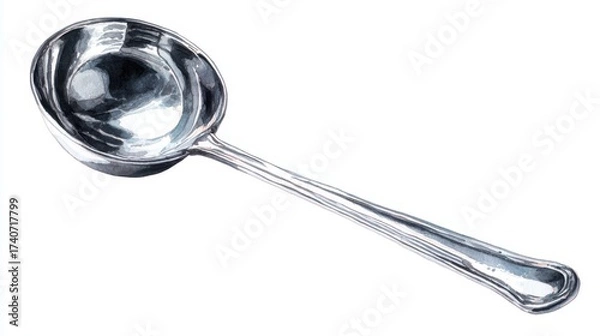 Obraz A polished metal ladle with a long handle, commonly used in kitchens for serving soups and stews.