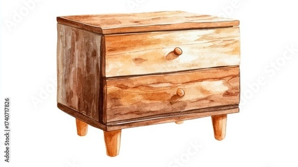 Obraz A wooden bedside table with two drawers and rounded legs, showcasing a natural finish and a simple, elegant design.