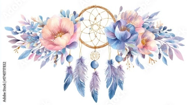 Obraz A colorful dreamcatcher adorned with pastel flowers and feathers, creating a whimsical and artistic design.