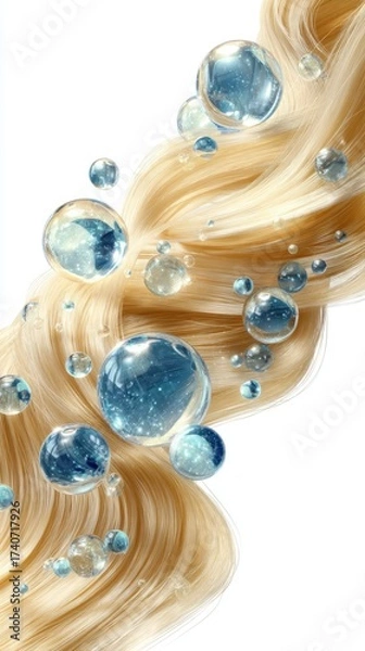 Obraz A flowing strand of hair intertwined with shimmering bubbles, creating a visually appealing blend of textures and reflections.