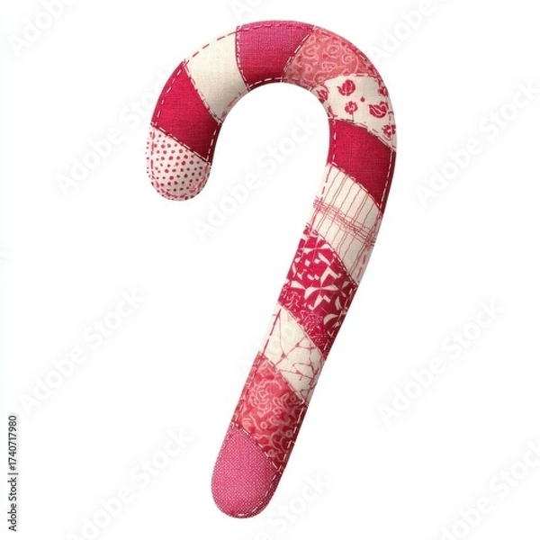 Obraz A colorful, patchwork candy cane decoration featuring red and white fabrics in various patterns, perfect for holiday festivities.