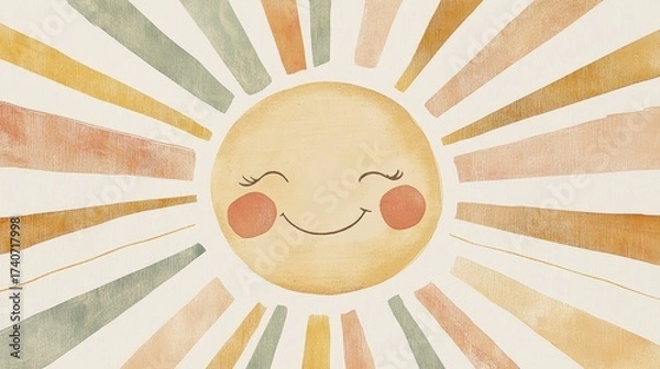 Obraz A cheerful sun illustration with a smiling face surrounded by colorful rays, evoking warmth and positivity.