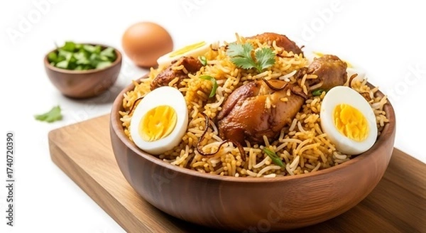 Fototapeta Chicken biryani in a wooden bowl with boiled egg and herbs isolated on white background