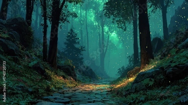 Fototapeta Enchanting Forest Path Illuminated by Glowing Lights and Lush Greenery