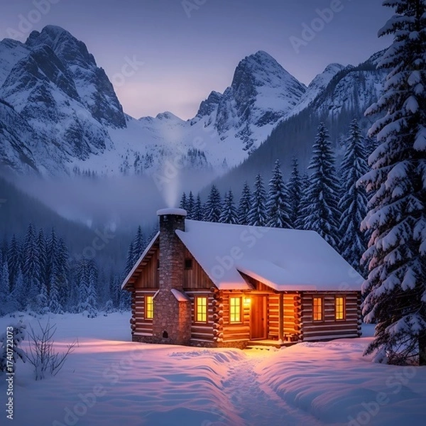 Fototapeta Snowy Mountain Cabin at Dusk.