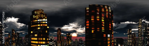 Obraz Evening city panorama against a backdrop of clouds, evening skyscrapers, 3D rendering