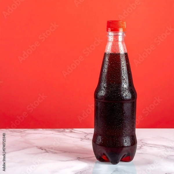 Obraz Refreshing Cola Bottle on Marble Surface with Red Backdrop.