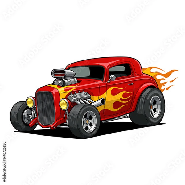 Fototapeta Red Hot Rod Cartoon Car with Flame Graphics – Classic Vintage Muscle Style.red racing car, 2D cartoon illustration of a hot rod car with flames painted on the sides, fast and classic, white background