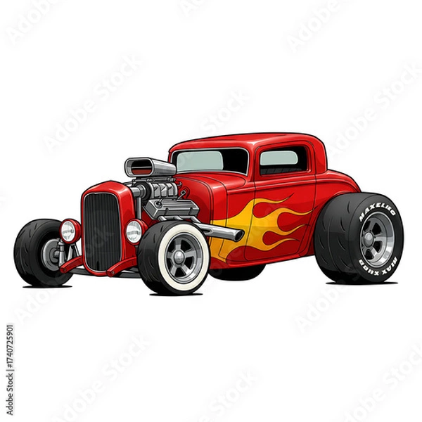 Fototapeta Red Hot Rod Cartoon Car with Flame Graphics – Classic Vintage Muscle Style.red racing car, 2D cartoon illustration of a hot rod car with flames painted on the sides, fast and classic, white background