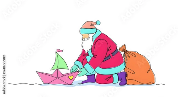 Fototapeta Whimsical hand drawn illustration of santa claus kneeling down to inspect a small pink paper boat with a green sail isolated on white background