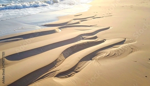 Fototapeta Beach sand patterns with wave, sun and shadow in the daytime landscape scene