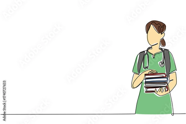 Fototapeta Single one line drawing female student nurse carrying bag and carrying a pile of books. Theory books to apply during internship. National Student Nurse Day. Continuous line design graphic illustration