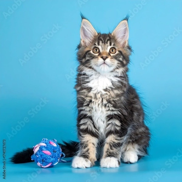 Obraz Maine Coon Kitten Gazing with Toy on Blue Background.