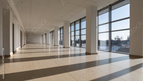 Obraz Modern architectural interior with clean white walls, tiled floor, glass facade