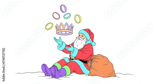 Fototapeta Whimsical cartoon illustration of a jolly santa claus sitting with a sack of gifts and juggling festive ornaments isolated on white background