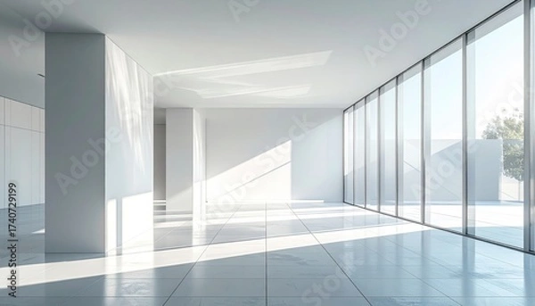 Fototapeta Modern architectural interior with clean white walls, tiled floor, glass facade