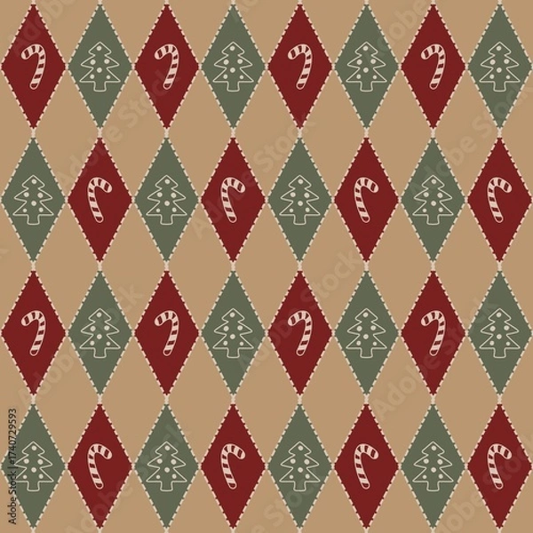 Obraz Christmas Argyle Pattern with Candy Canes and Trees