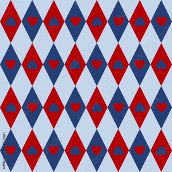Obraz Geometric Argyle Pattern with Red Hearts and Blue Diamonds