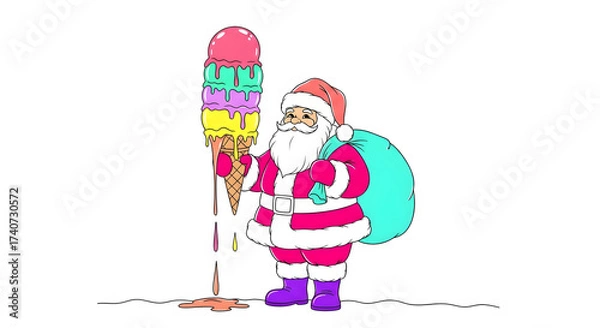 Fototapeta A cartoon illustration of santa claus holding a giant ice cream cone with multiple colorful scoops isolated on white background