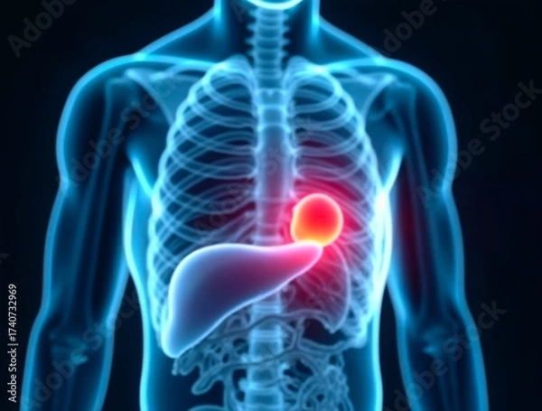 Fototapeta Human liver highlighted in medical scan showing disease or inflammation concept
