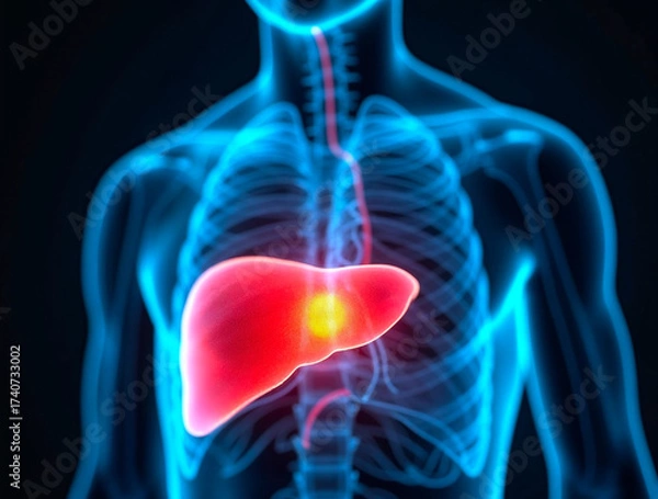 Fototapeta Human liver highlighted in medical scan showing disease or inflammation concept