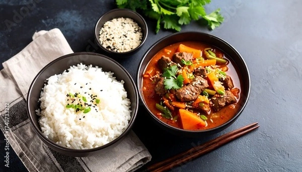 Fototapeta Asian beef and vegetable stew with a bowl of rice