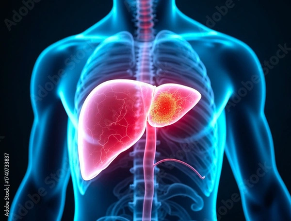 Fototapeta Human liver highlighted in medical scan showing disease or inflammation concept