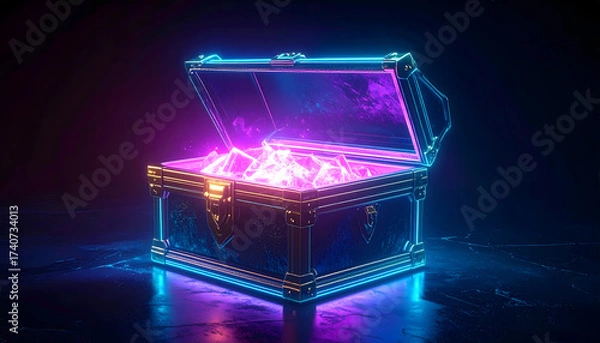 Fototapeta Scene with jewels in a treasure chest shining with neon lights