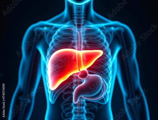 Fototapeta Human liver highlighted in medical scan showing disease or inflammation concept