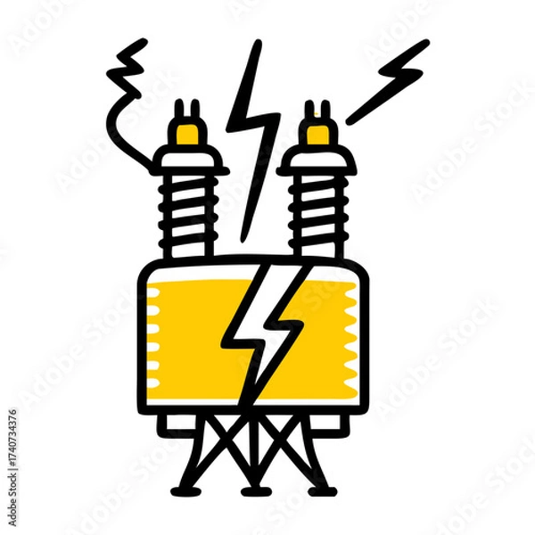 Fototapeta High voltage transformer illustration with lightning bolts in yellow  