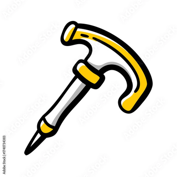Fototapeta Hiking cane tip in yellow and silver design with a curved handle  