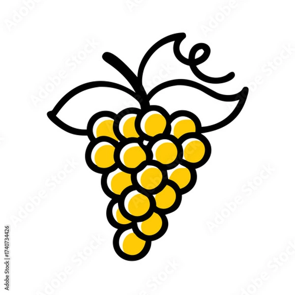 Fototapeta Yellow grape cluster illustration with leaves and curly tendril  