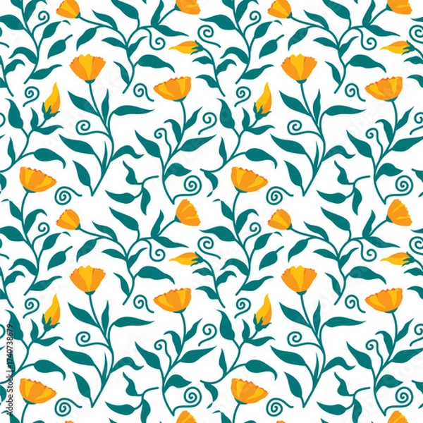 Obraz Green Leaves and Yellow Flowers Seamless Pattern
