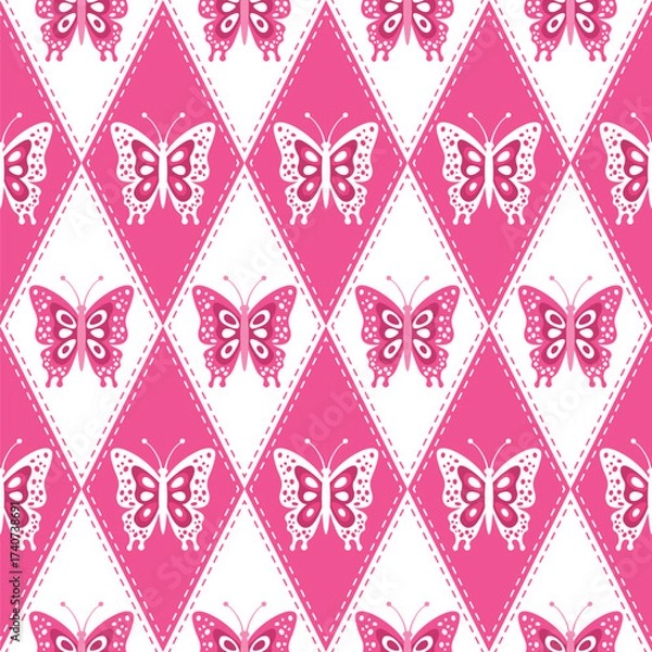 Obraz Pink Butterflies checkered Seamless Pattern