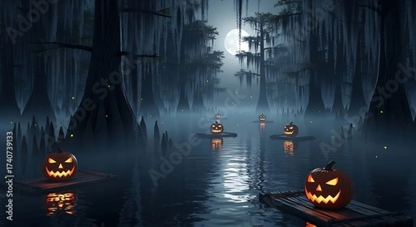 Fototapeta A witch's serene yet spooky journey through a moonlit swamp adorned with glowing pumpkin lights for Halloween