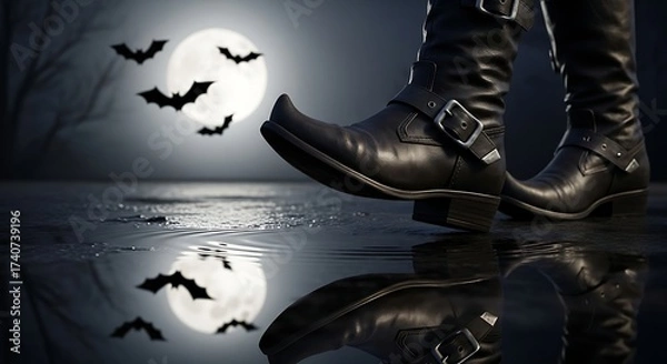 Fototapeta Spooky Halloween night scene with gothic boots reflecting a full moon and bats