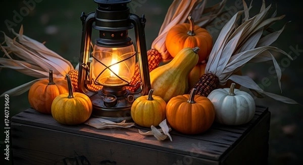 Fototapeta Warm autumn harvest glow A rustic lantern illuminates a bounty of pumpkins and gourds