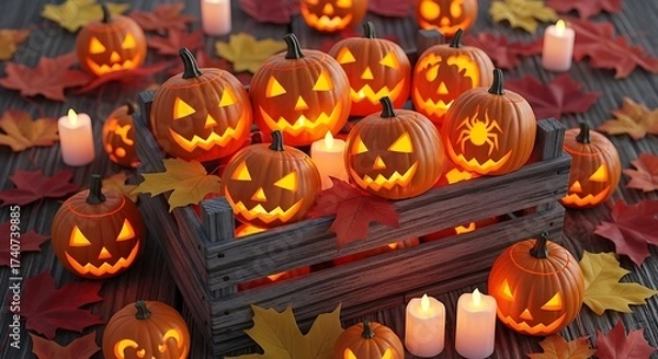 Fototapeta A wooden crate filled with glowing carved pumpkins surrounded by autumn leaves and candles for Halloween