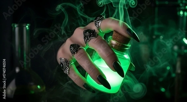 Fototapeta Mysterious sorceress hand with dark nails holding a glowing green magic elixir