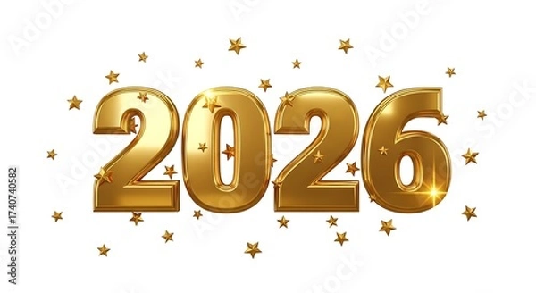 Fototapeta Golden 2026 typography with twinkling stars and sparkles