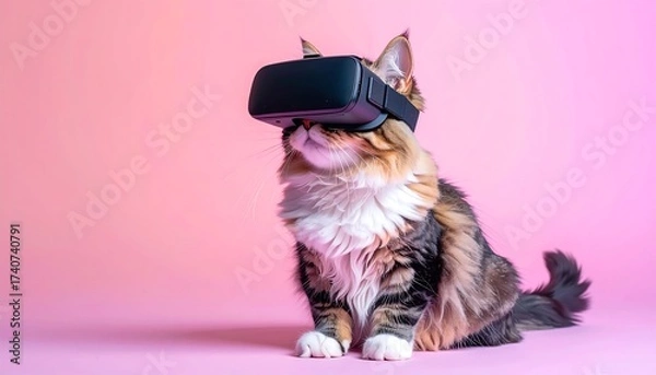 Obraz Cat in VR - A Felines Virtual Reality Experience on Pink Background.