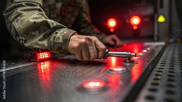 Fototapeta ww3 illustration Hand adjusting equipment with glowing red lights, showcasing precision in a technical environment.