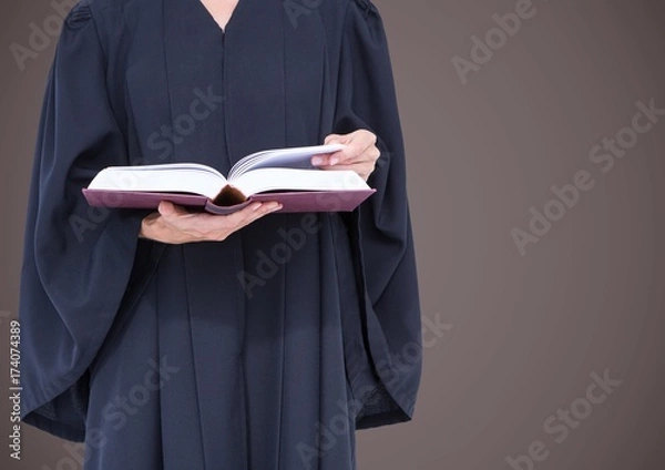 Fototapeta Female judge mid section with open book against brown background