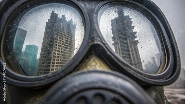 Fototapeta ww3 illustration A gas mask reflects skyscrapers, symbolizing urban life and dystopian themes in a gritty environment.