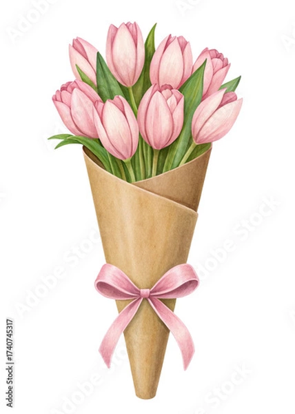 Fototapeta Watercolor bouquet of pink tulips in a brown paper cone tied with a ribbon isolated on a transparent background