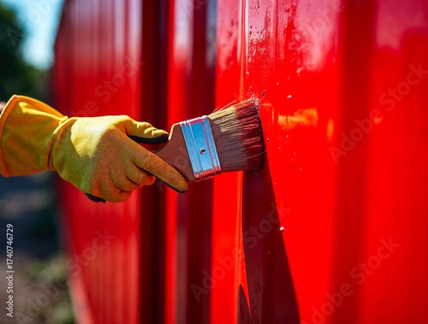 Fototapeta Hand with yellow glove painting red surface using brush during renovation work