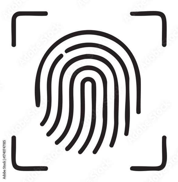Fototapeta Black outline icon of a fingerprint scanner with a circular biometric fingerprint surrounded by a square frame.