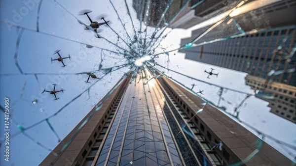 Fototapeta futuristic war cityscape Shattered glass reflects a city skyline with flying drones above, creating a surreal urban scene.